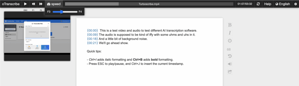 Otranscribe software shows uploaded video with text editor and video playback options.